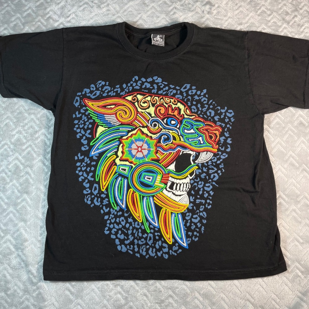RockDreams Graphic Tee Mens XL Black Huichol Jaguar Warrior Skull wearable Art